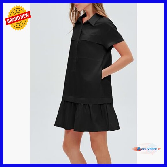 Cotton Drop Waist Ruffle Hem Shirt Dress Short Sleeve Button Down Tunic Pockets - Picture 6 of 7